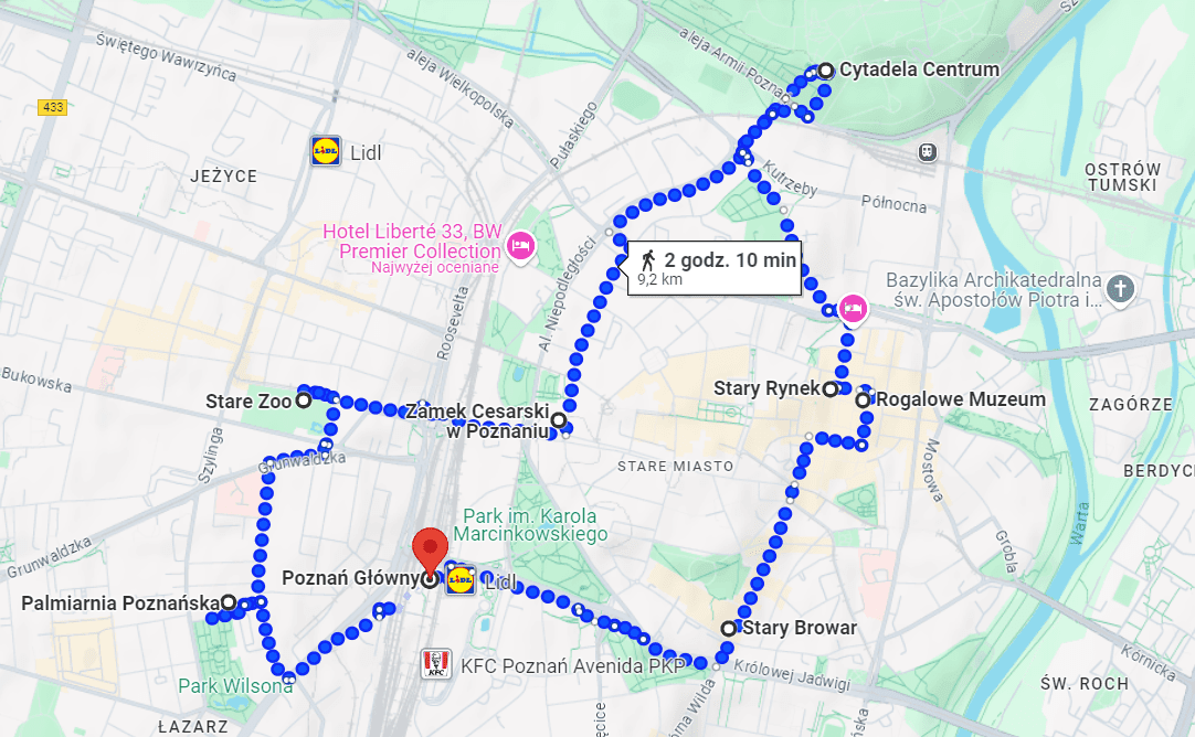 Poznañ - the itinerary map of Poznań sightseeing route