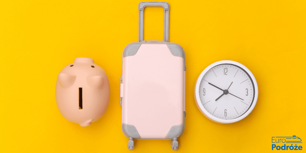 Saving time and money Suitcase, piggy bank and clock