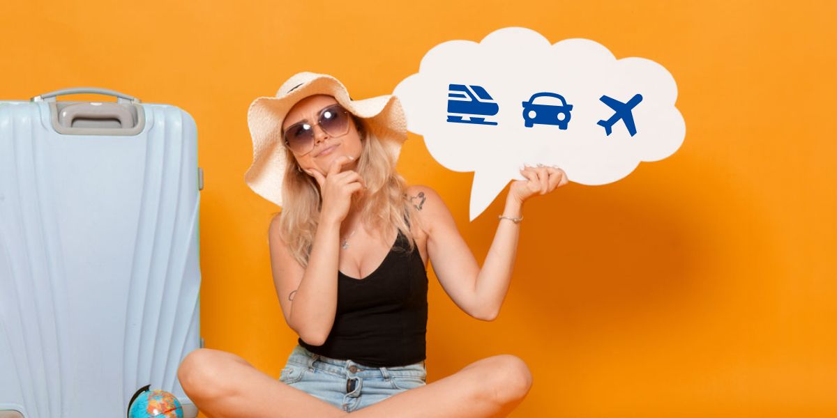 graphic: woman with suitcase ponders; in a cloud of thought icons of modes of transport - train, car, plane